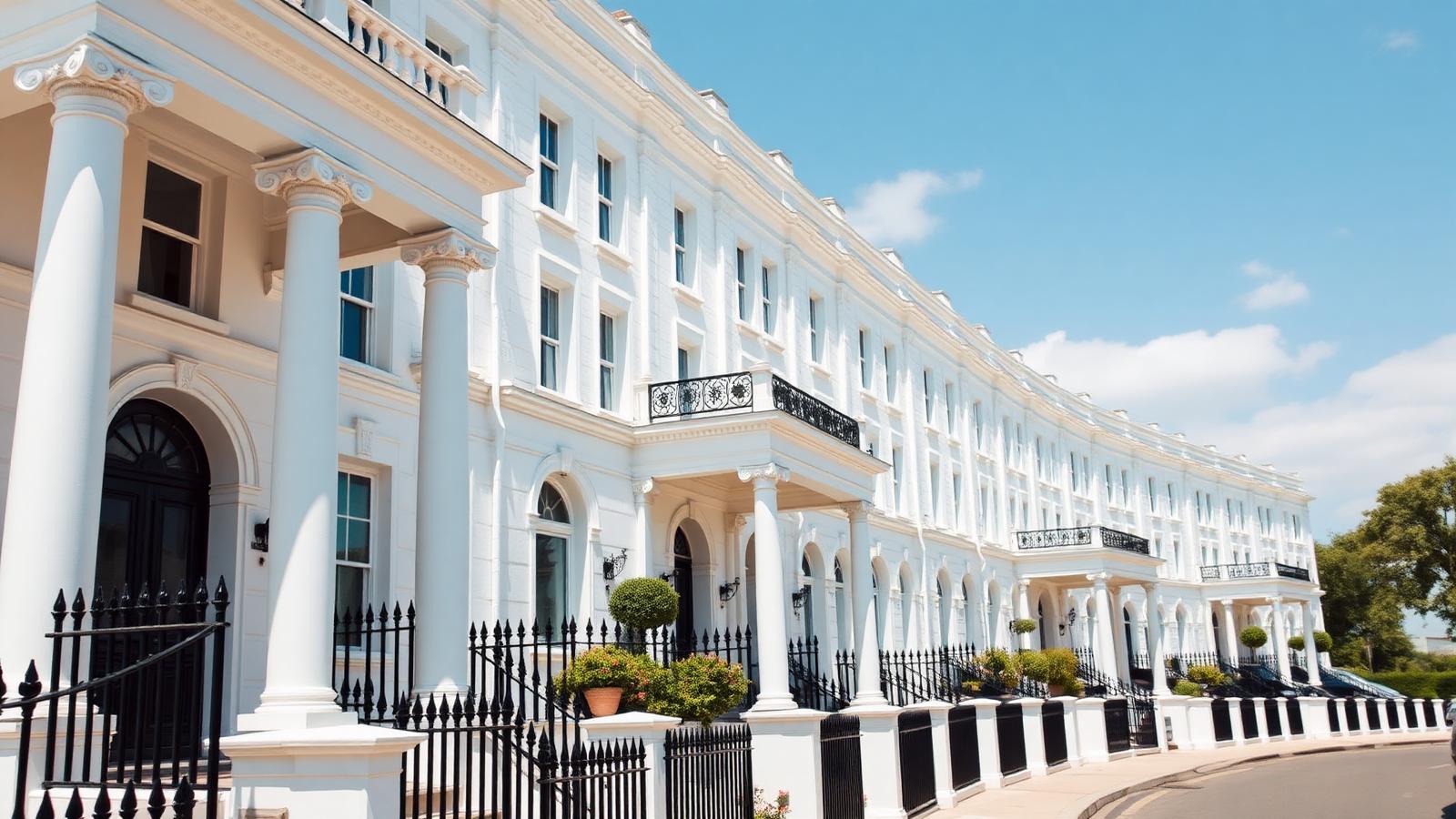 A row of elegant white stucco-fronted London townhouses