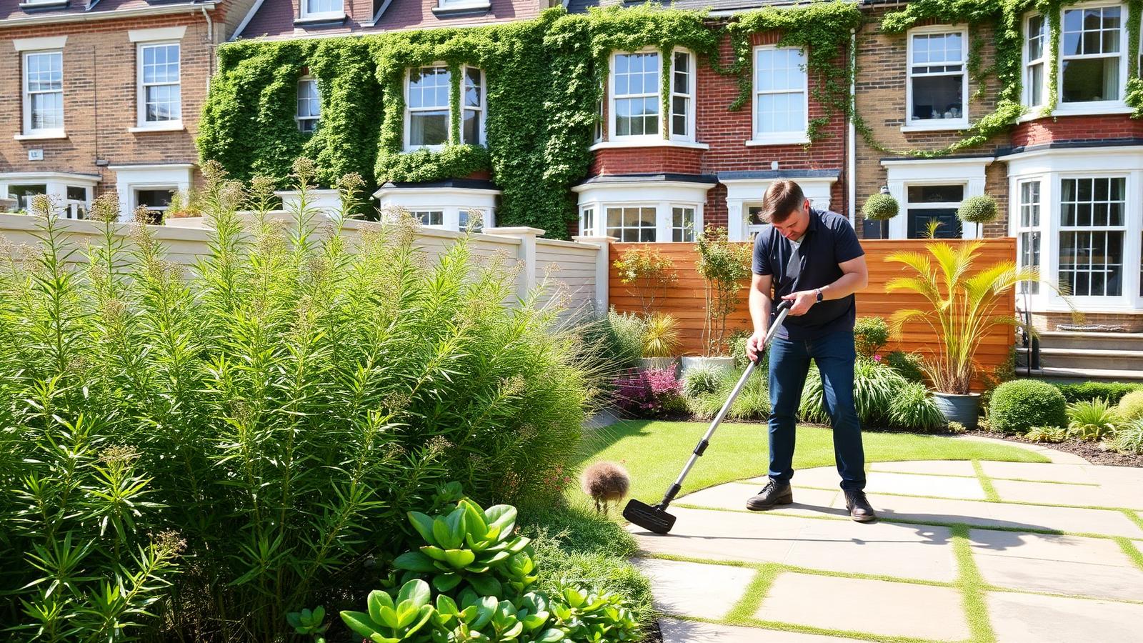 London landscaper working in a designed back garden with townhouses behind