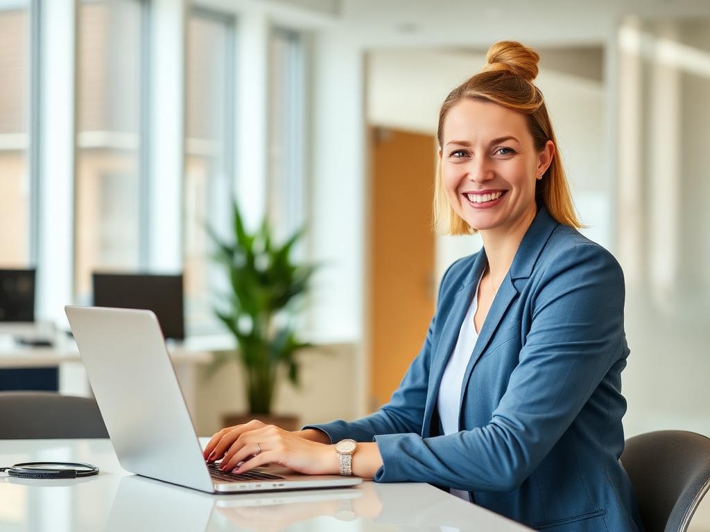 Affordable Websites London — Friendly health consultant smiling at laptop, Pay Monthly Website Plan